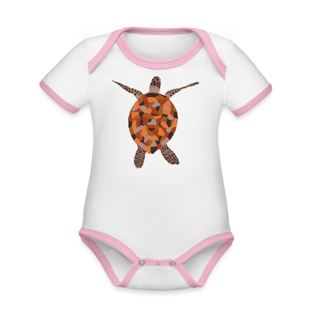 Turtle Organic Contrast Short Sleeve Baby Bodysuit - white/pink