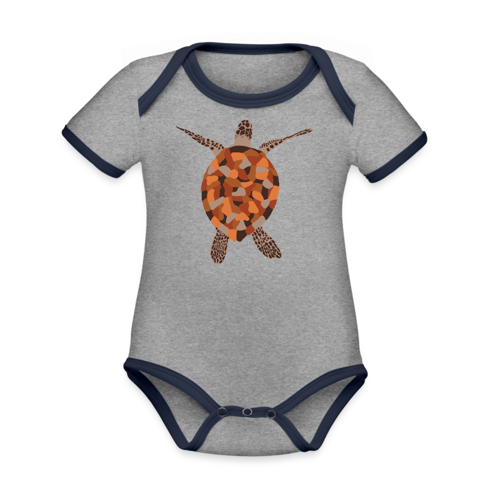 Turtle Organic Contrast Short Sleeve Baby Bodysuit - heather gray/navy